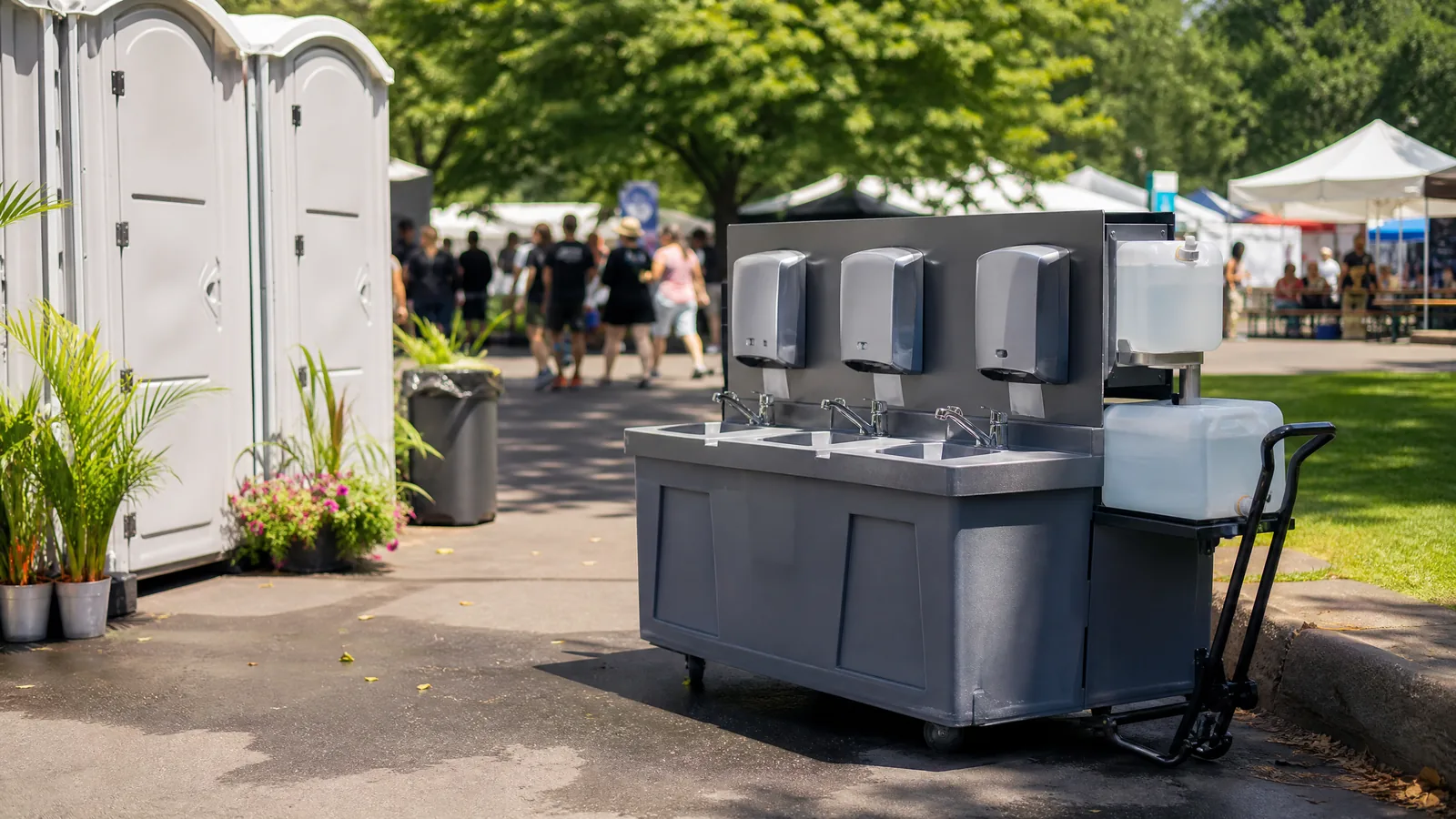 Freestanding handwashing station positioned beside portable restrooms at an outdoor event