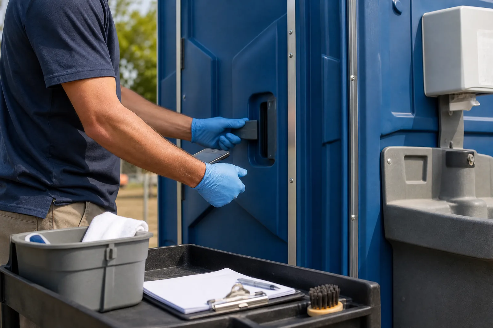 A technician conducting a quality check at a clean portable restroom.